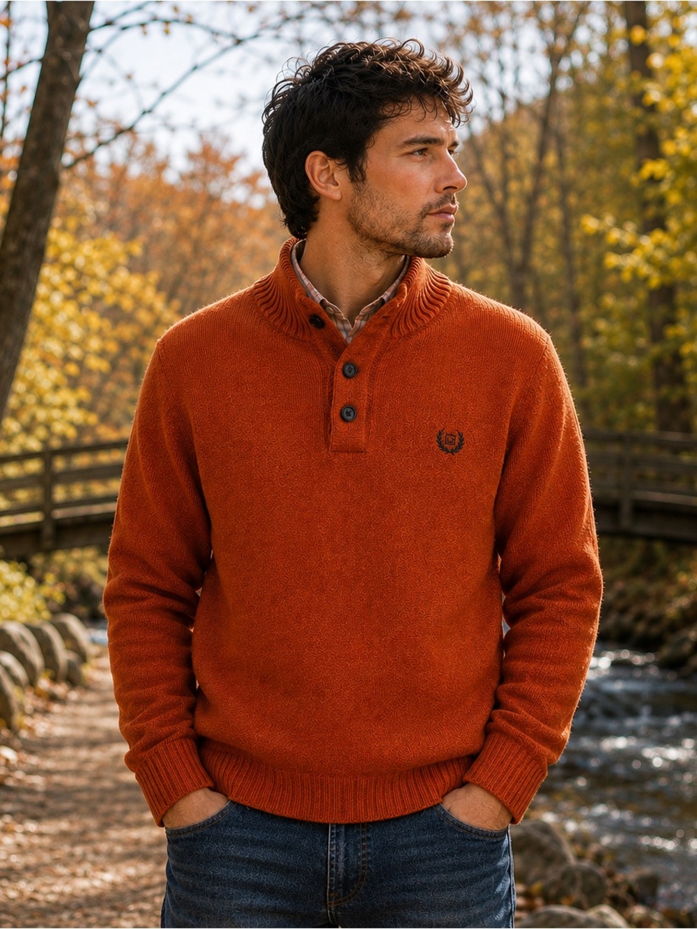 Chaps Men's Turtleneck Button Pullover Sweater - Orange